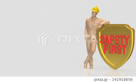 Construction Professional Beside Golden Safety First Shield with Copy Space 3d render. 142918656