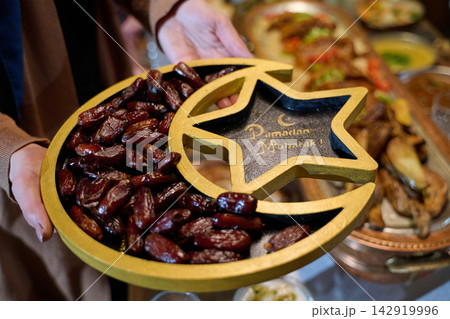Ramadan Dates Platter With Crescent Star Tray and Ramadan Mubarak Greeting For Iftar Celebration 142919996