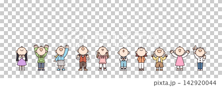 一組描繪 10 個孩子(5 個男孩和 5 個女孩)抬頭仰望的插圖。 一組描繪 10 個孩子(5 個男孩和 5 個女孩)抬頭仰望的插圖。 142920044