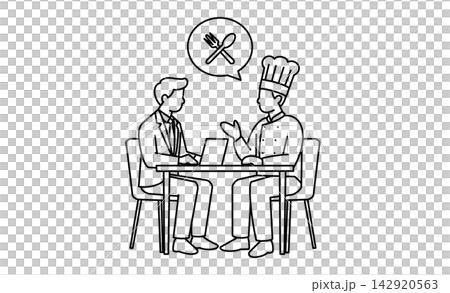 会社員とシェフが飲食ビジネスについて話し合うレストラン経営・事業相談のミーティングアイコン素材 142920563