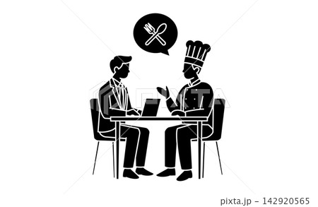会社員とシェフが飲食ビジネスについて話し合うレストラン経営・事業相談のミーティングアイコン素材 142920565
