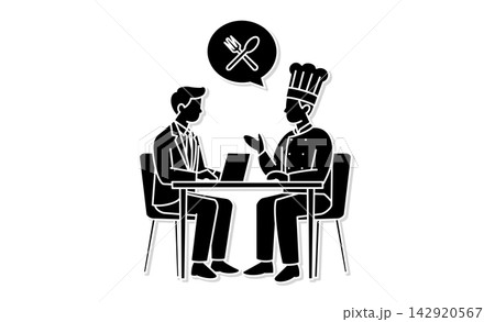会社員とシェフが飲食ビジネスについて話し合うレストラン経営・事業相談のミーティングアイコン素材 142920567