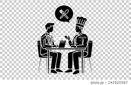 会社員とシェフが飲食ビジネスについて話し合うレストラン経営・事業相談のミーティングアイコン素材 142920567
