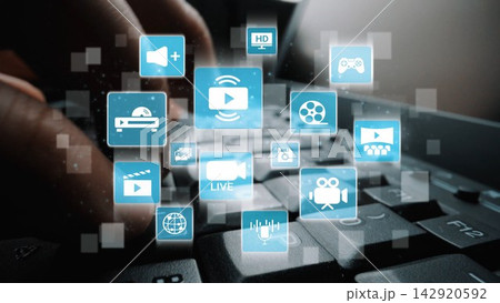 Multimedia technology icons with video, music, image and streaming concept Funnel Multimedia technology icons with video, music, image and streaming concept Funnel 142920592