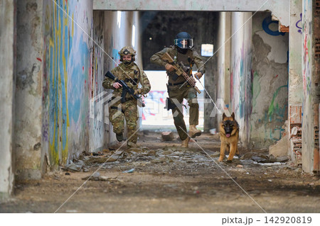 Armed Military Soldiers With Tactical Dog Conducting Urban Search And Clearance Operation In Abandoned Building 142920819
