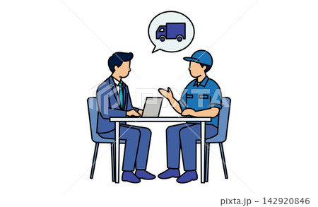 会社員と配達員が配送計画や物流サービスについて話し合うビジネスミーティングの線画素材アイコン 142920846