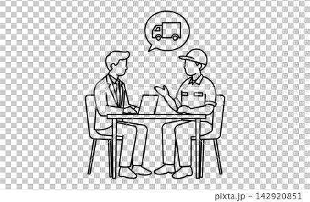 会社員と配達員が配送計画や物流サービスについて話し合うビジネスミーティングの線画素材アイコン 会社員と配達員が配送計画や物流サービスについて話し合うビジネスミーティングの線画素材アイコン 142920851