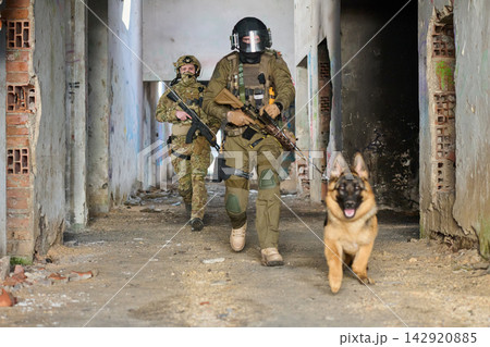 Tactical Military Soldiers With K9 Dog Conducting Urban Assault Training In Abandoned Building 142920885
