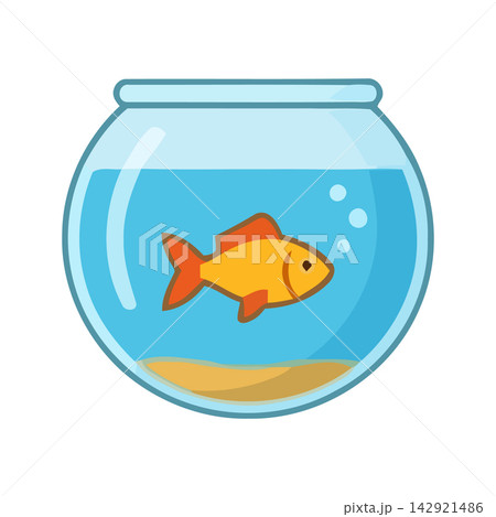 Adorable cartoon style graphic of a playful goldfish inside a transparent aquarium. Adorable cartoon style graphic of a playful goldfish inside a transparent aquarium. 142921486