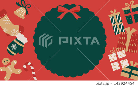 クリスマスリースとオーナメントの割引セール横長バナーテンプレート ベクターイラスト クリスマスリースとオーナメントの割引セール横長バナーテンプレート ベクターイラスト 142924454