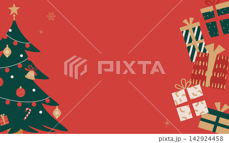 クリスマスツリーとギフトのクリスマスセール横長バナーテンプレート ベクターイラスト 142924458
