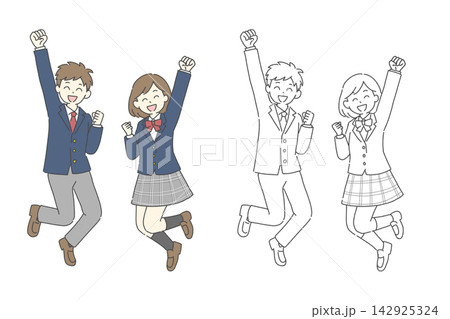 ジャンプして喜ぶ制服の男子学生と女子学生 線画とカラーのセット ジャンプして喜ぶ制服の男子学生と女子学生 線画とカラーのセット 142925324
