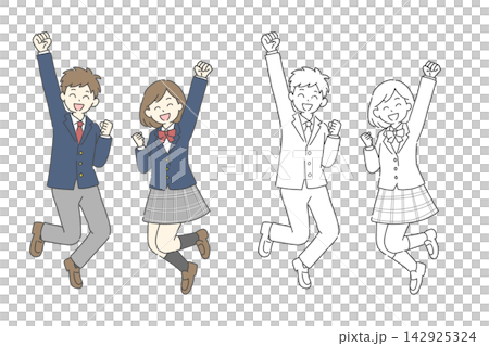 ジャンプして喜ぶ制服の男子学生と女子学生 線画とカラーのセット ジャンプして喜ぶ制服の男子学生と女子学生 線画とカラーのセット 142925324