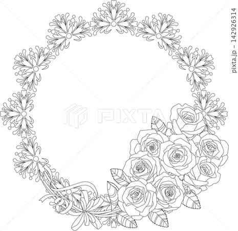 背景素材<花・薔薇花束アンティークフレーム・円・モノクロ・線画> 背景素材<花・薔薇花束アンティークフレーム・円・モノクロ・線画> 142926314