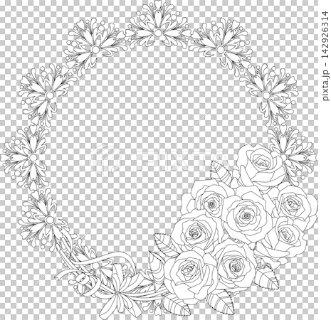 背景素材<花・薔薇花束アンティークフレーム・円・モノクロ・線画> 背景素材<花・薔薇花束アンティークフレーム・円・モノクロ・線画> 142926314