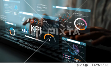Futuristic Data Analysis Interface with Digital KPI Metrics and Charts Showcasing Advanced Technology in Business Analytics Gluon 142926358