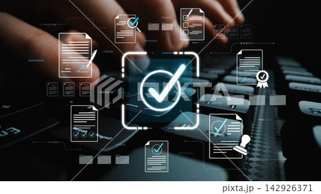A modern representation of digital paperwork management featuring checkmarks and document icons overlaying a keyboard, illustrating efficiency and productivity in a business environment. Sigmoid A modern representation of digital paperwork management featuring checkmarks and document icons overlaying a keyboard, illustrating efficiency and productivity in a business environment. Sigmoid 142926371