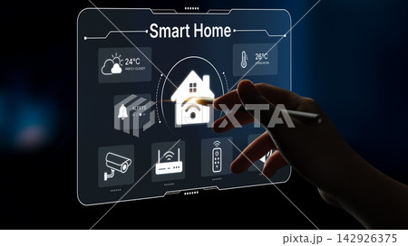 Modern Smart Home Technology Interface with User Interaction Displaying Home Automation Features and Real-Time Data on a Touchscreen Device. Nascent 142926375