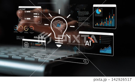 Innovative Artificial Intelligence Concept with Data Visualization and Light Bulb Symbolizing Creativity and Insights in Digital Environment. Entropy Innovative Artificial Intelligence Concept with Data Visualization and Light Bulb Symbolizing Creativity and Insights in Digital Environment. Entropy 142926517
