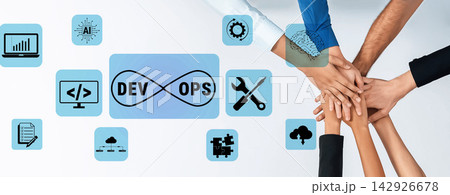 Collaborative DevOps Teamwork Concept with Symbolic Icons Representing Technology, Agile, Software, Integration, and Continuous Improvement in a Modern Workspace. Glyphic Collaborative DevOps Teamwork Concept with Symbolic Icons Representing Technology, Agile, Software, Integration, and Continuous Improvement in a Modern Workspace. Glyphic 142926678