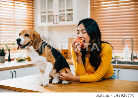 In the kitchen, a woman and her dog, a hound, share a moment of togetherness, enjoying a red apple on the table. Their bond, friendship, and happiness are evident. Pet love In the kitchen, a woman and her dog, a hound, share a moment of togetherness, enjoying a red apple on the table. Their bond, friendship, and happiness are evident. Pet love 142926770