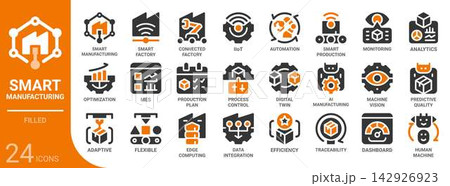 smart manufacturing filled glyph icon set,24 vector icons 142926923