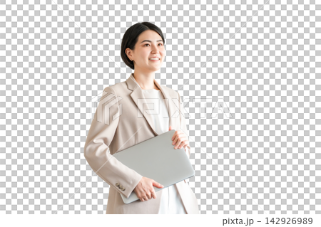 Stylish woman with laptop, office casual, designer, businesswoman Stylish woman with laptop, office casual, designer, businesswoman 142926989