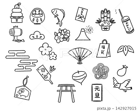 手描きのお正月イラストセット線画 手描きのお正月イラストセット線画 142927015