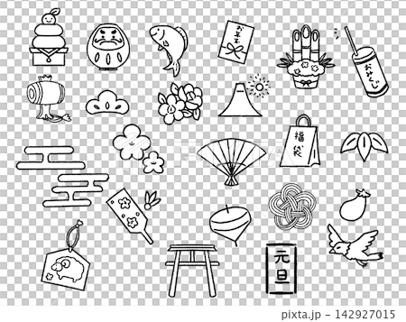 手描きのお正月イラストセット線画 手描きのお正月イラストセット線画 142927015