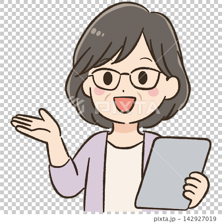 60代女性の日常生活・コミュニケーション素材 タブレットをもって案内 60代女性の日常生活・コミュニケーション素材 タブレットをもって案内 142927019