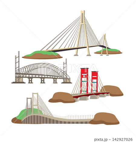 Suspension bridge set. Cartoon illustration of suspension bridge vector for web design 142927026