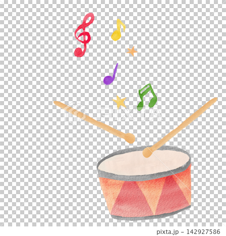 A gentle watercolor illustration of a drum, treble clef, and musical notes. A gentle watercolor illustration of a drum, treble clef, and musical notes. 142927586