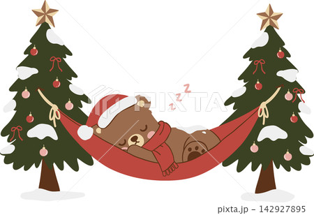 Christmas cartoon bear sleeping in hammock between decorated trees, wearing Santa hat and scarf with snow, ornaments, stars, and bows in a cozy winter holiday scene Christmas cartoon bear sleeping in hammock between decorated trees, wearing Santa hat and scarf with snow, ornaments, stars, and bows in a cozy winter holiday scene 142927895