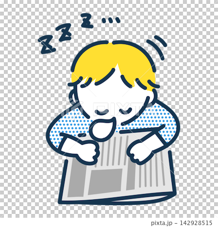 一幅男孩邊看報紙邊睡著的插圖。 142928515