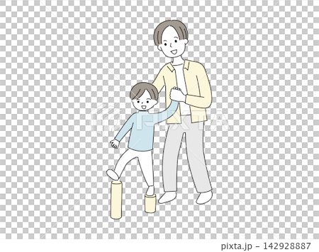 一個男孩和他的父親在公園裡一起玩耍 一個男孩和他的父親在公園裡一起玩耍 142928887