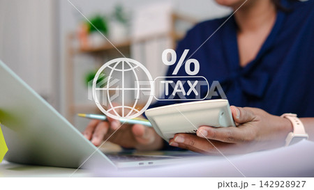 Tax calculation and financial management concept with virtual tax icon. Tax calculation and financial management concept with virtual tax icon. 142928927