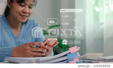 AI image generation and chatbot technology concept with woman using smartphone. AI image generation and chatbot technology concept with woman using smartphone. 142928928
