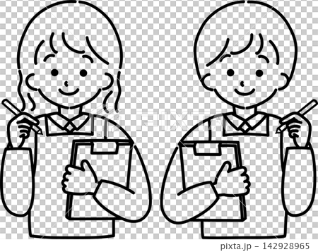 A person wearing an apron and holding a clipboard (line drawing) A person wearing an apron and holding a clipboard (line drawing) 142928965