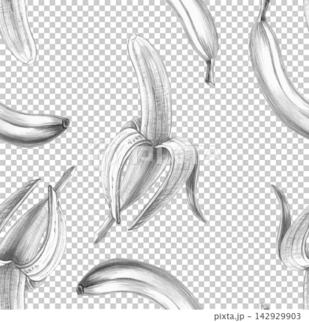 A peeled banana in a seamless pencil pattern. Ideal for smoothie bar menus, banana chip packaging, fitness club branding, children's book design, sketchbooks, and eco-textiles. A peeled banana in a seamless pencil pattern. Ideal for smoothie bar menus, banana chip packaging, fitness club branding, children's book design, sketchbooks, and eco-textiles. 142929903