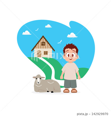 a happy young boy standing beside a resting sheep in a countryside a happy young boy standing beside a resting sheep in a countryside 142929970