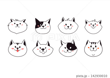 Cute cat faces set. Funny kitty pet heads. Line drawing Cute cat faces set. Funny kitty pet heads. Line drawing 142930010