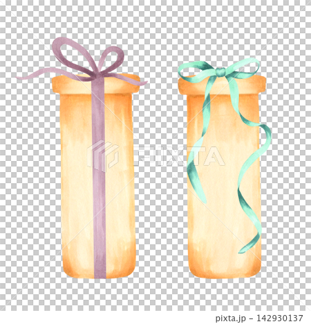 Gift bag and a box decorated with a bow. Watercolor illustration. Hand-drawn artwork. Suitable for New Year and holiday designs, greeting cards and invitations for Christmas and winter holidays. 142930137