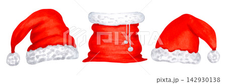 Watercolor New Year set featuring red Santa hats and a gift sack. Hand-drawn isolated festive element for the Christmas. Clothing items suitable for cards, invitations, packaging, seasonal designs. Watercolor New Year set featuring red Santa hats and a gift sack. Hand-drawn isolated festive element for the Christmas. Clothing items suitable for cards, invitations, packaging, seasonal designs. 142930138