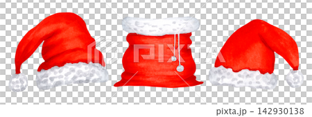 Watercolor New Year set featuring red Santa hats and a gift sack. Hand-drawn isolated festive element for the Christmas. Clothing items suitable for cards, invitations, packaging, seasonal designs. Watercolor New Year set featuring red Santa hats and a gift sack. Hand-drawn isolated festive element for the Christmas. Clothing items suitable for cards, invitations, packaging, seasonal designs. 142930138