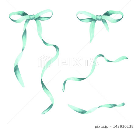 Set of turquoise bows and ribbons. Watercolor illustration. Hand-drawn isolated art. Blue satin or silk ribbon for a wedding invitation, birthday or New Year bouquet. Gift bow. 142930139