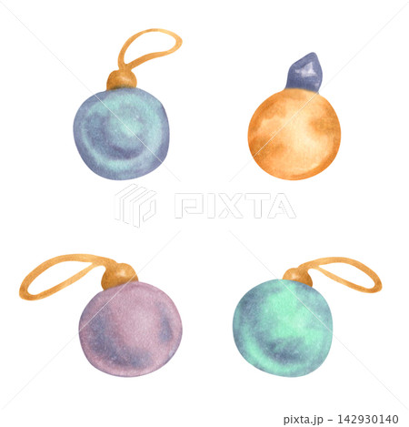 Set of watercolor Christmas tree balls. Hand-drawn holiday decorations for the New Year. Clip art of winter toys in blue, brown, purple, turquoise tones. For cards, invitations, packaging. 142930140