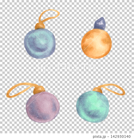 Set of watercolor Christmas tree balls. Hand-drawn holiday decorations for the New Year. Clip art of winter toys in blue, brown, purple, turquoise tones. For cards, invitations, packaging. 142930140