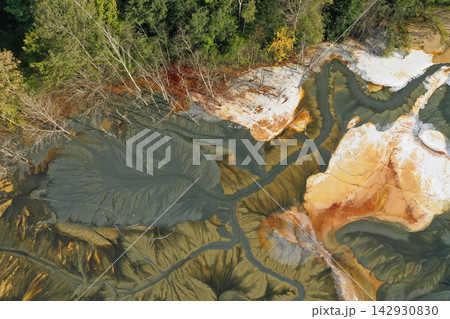Aerial view of abstract mining pattern, nature pollution, colorful decanting lake Aerial view of abstract mining pattern, nature pollution, colorful decanting lake 142930830