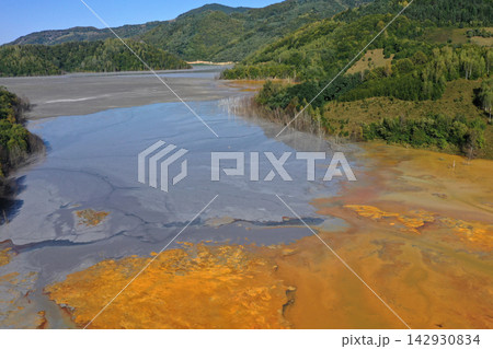 Aerial view of abstract mining pattern, nature pollution, colorful decanting lake Aerial view of abstract mining pattern, nature pollution, colorful decanting lake 142930834