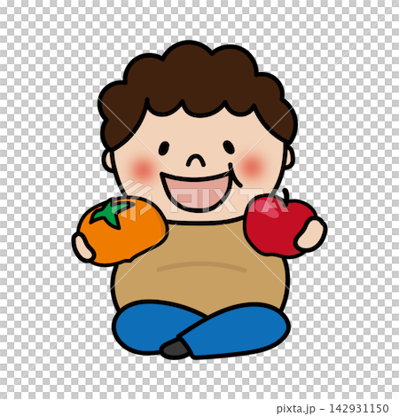A chubby, curly-haired boy holding autumn fruit. A chubby, curly-haired boy holding autumn fruit. 142931150